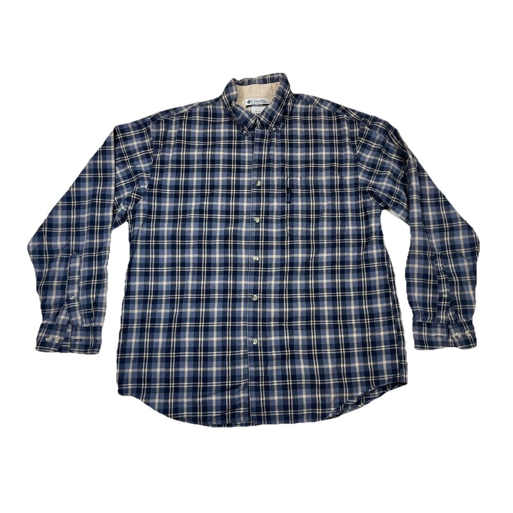 Columbia Men's XL Button Up Plaid Flannel Shirt Navy Blue Long Sleeve Casual